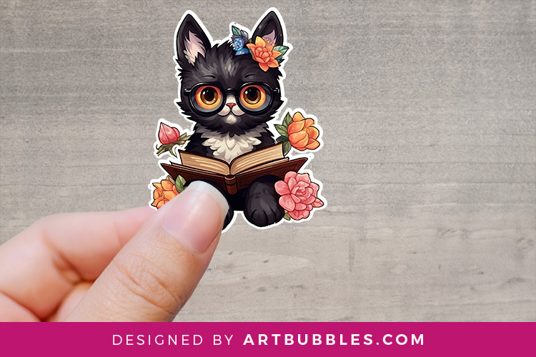 Cute Black Cat Reading Book Stickers Printable