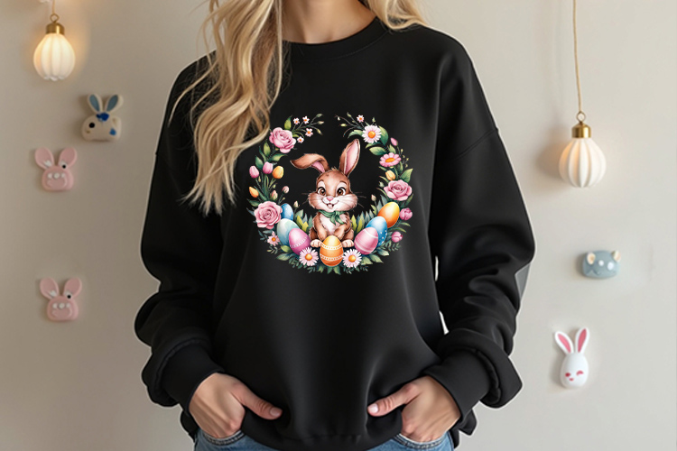 Funny Easter Bunny Floral Wreath Clipart PNG Black Sweatshirt Mockup Image.jpg