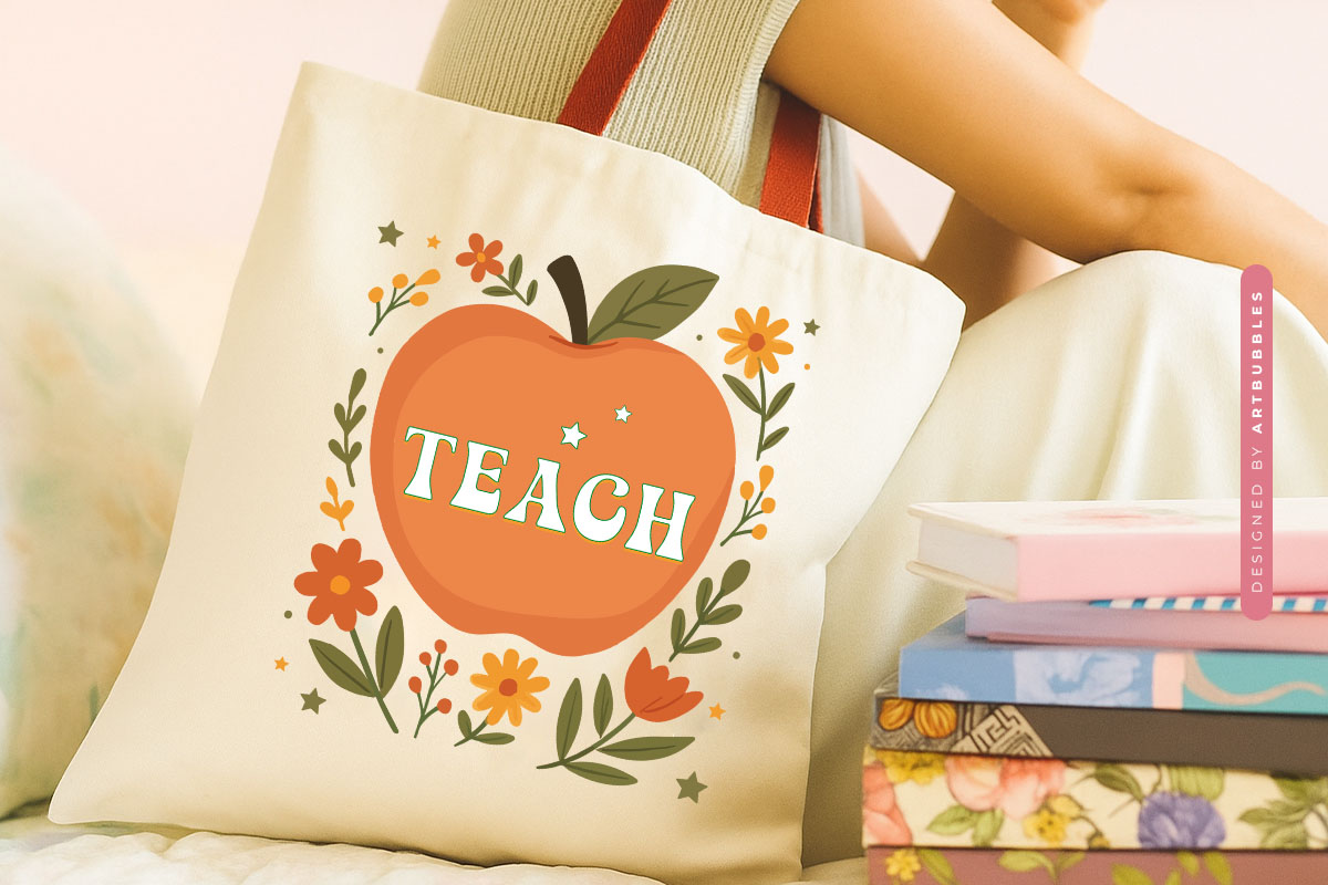 Teach - Retro Teacher Apple Sublimation PNG Tote bag Mockup Image.jpg