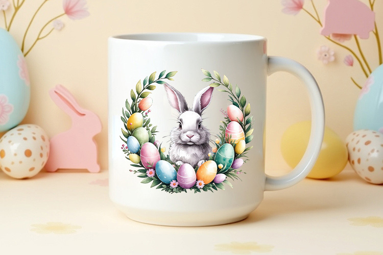 Festive Easter Bunny Floral Wreath Clipart PNG Mug Mockup Image.jpg