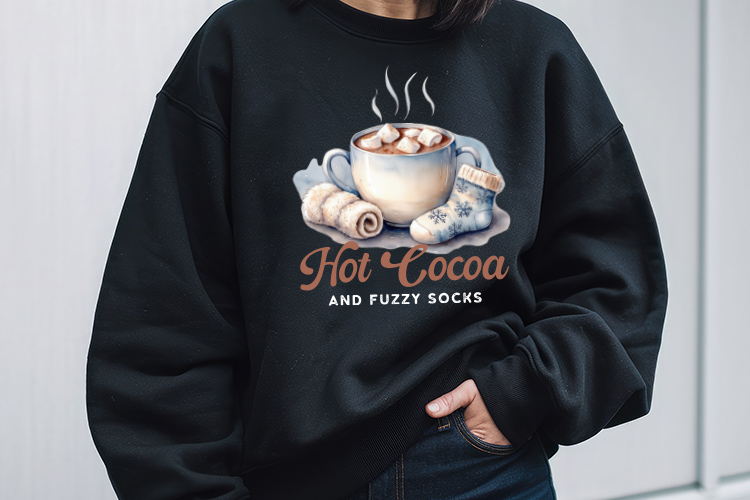 Hot Cocoa And Fuzzy Socks - Winter Sublimation Design Black Sweatshirt Mockup Image.jpg