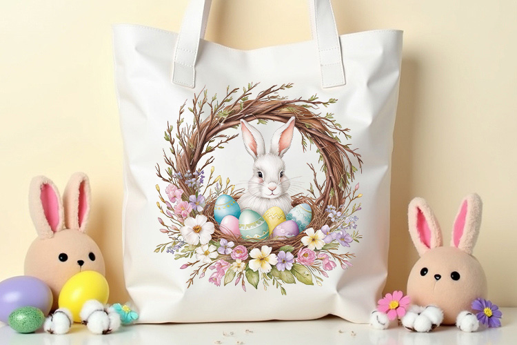 Easter Floral Bunny And Egg Wreath Clip Art Tote Bag Mockup Image.jpg