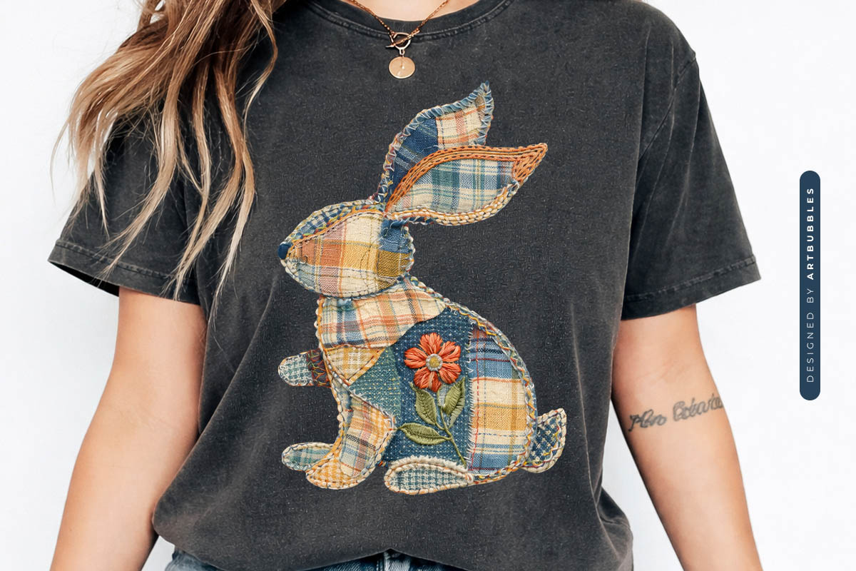 Floral Bunny Faux Patchwork PNG Sublimation shirt Mockup Image.jpg