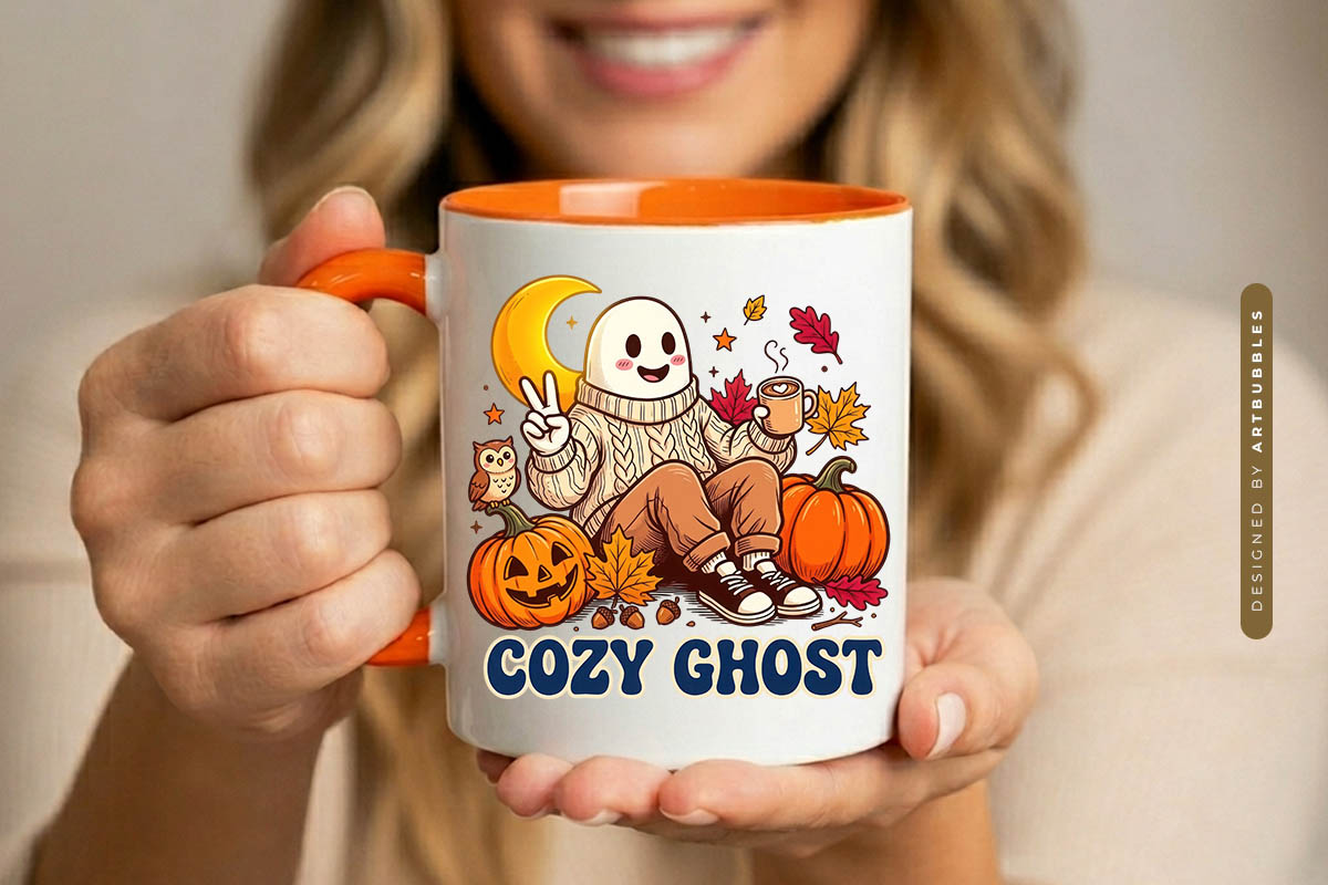 Cozy Ghost Halloween PNG Sublimation Mug Mockup Image.jpg