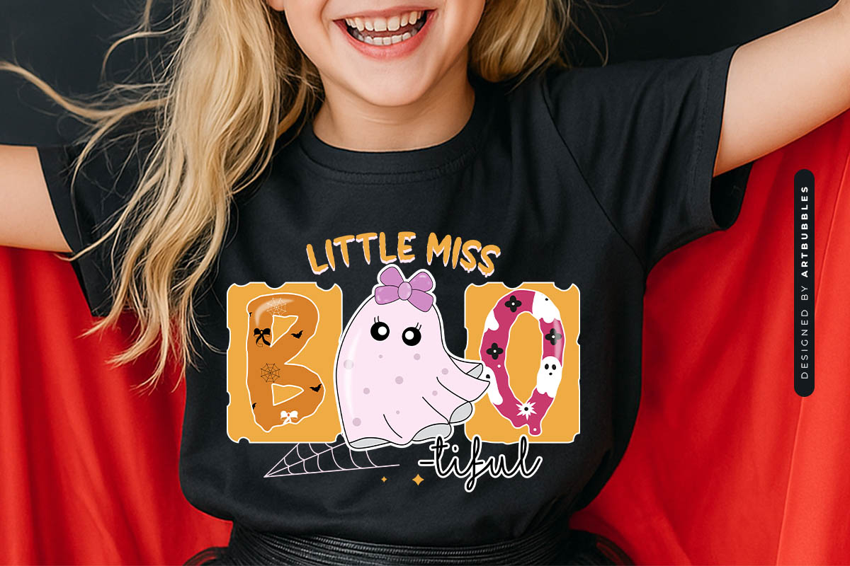 Little Miss Boo-tiful - Kids Halloween Sublimation Shirt Mockup Image.jpg