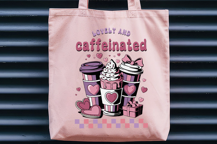 Lovely and Caffeinated - Retro Valentines Sublimation Tote Bag Mockup Image.jpg