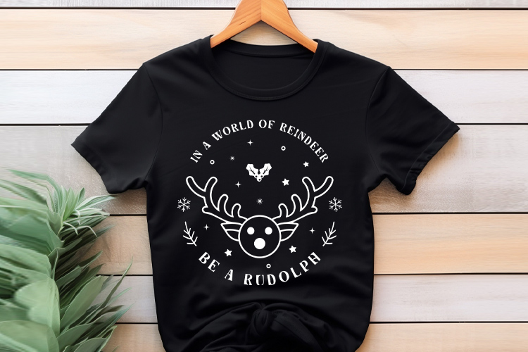 In a World of Reindeer Be a Rudolph - Boho Christmas SVG Shirt Mockup Image.jpg