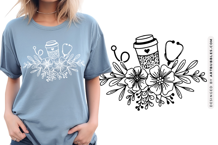 Stethoscope with Flower & Coffee Mug Outline Svg Clipart Image.jpg