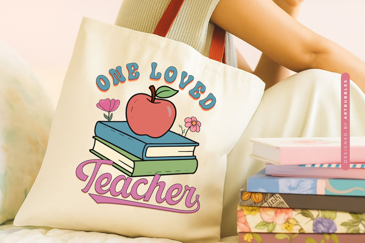 Retro One Loved Teacher Sublimation PNG Tote bag Mockup Image.jpg