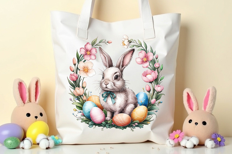 Easter Bunny Wreath with Flower and Egg Clipart Tote Bag Mockup Image.jpg