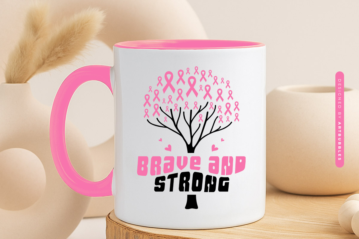 Brave and Strong - Retro Breast Cancer Ribbon SVG Mug Mockup Image.jpg