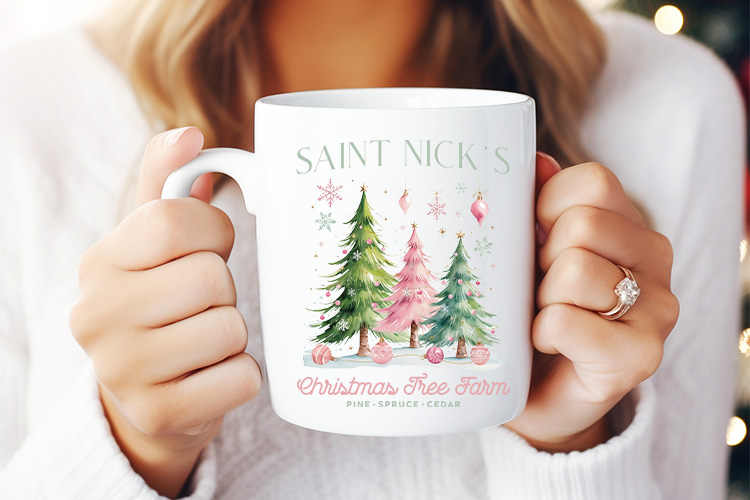 Pink Saint Nick's Christmas Tree Farm PNG Sublimation Mug Mockup Image.jpg