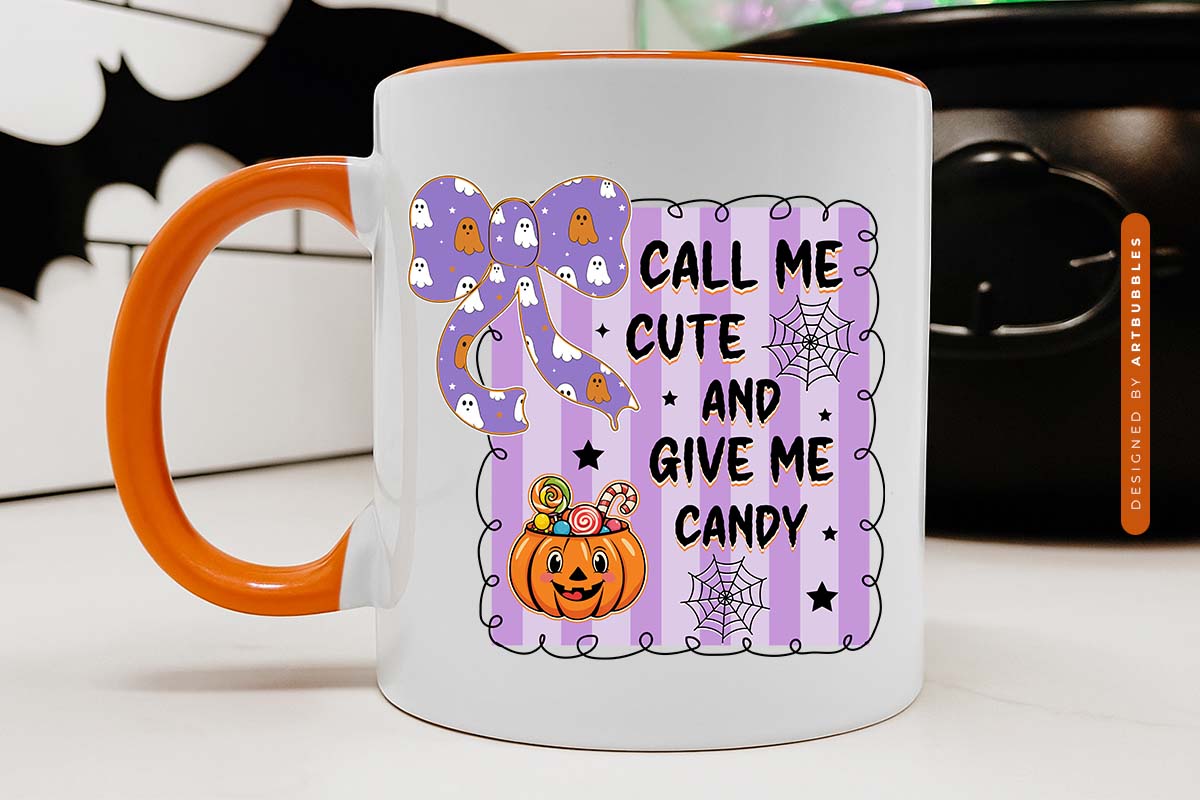 Call Me Cute and Give Me Candy - Coquette Halloween PNG Mug Mockup Image.jpg