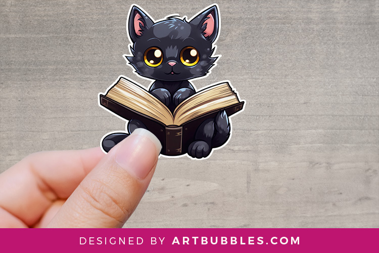 Cute Black Cat Reading Books Stickers Preview 01.jpg