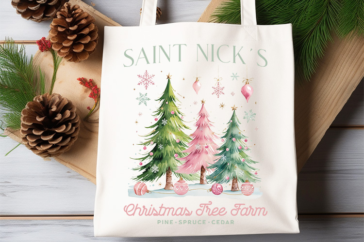 Pink Saint Nick's Christmas Tree Farm PNG Sublimation Tote Bag Mockup Image.jpg
