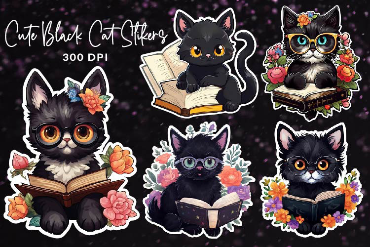 Cute Black Cat Reading Books Stickers Bundle