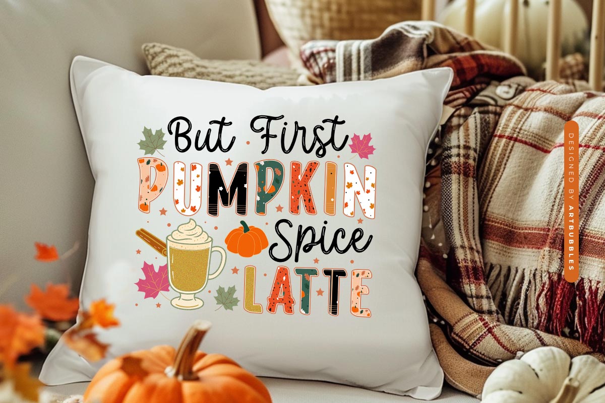 But First Pumpkin Spice Latte - Preppy Fall Sublimation Pillow Mockup Image.jpg