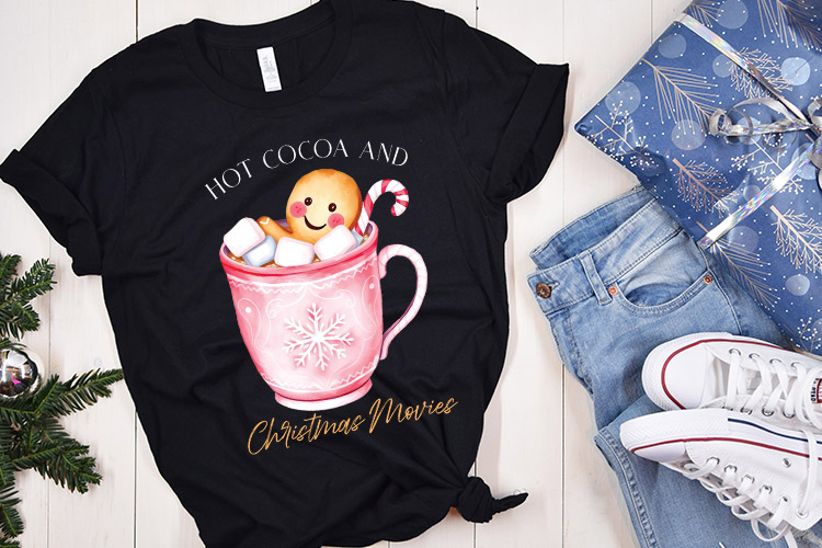 Pink Hot Cocoa and Christmas Movies PNG Sublimation T-Shirt Mockup Image.jpg