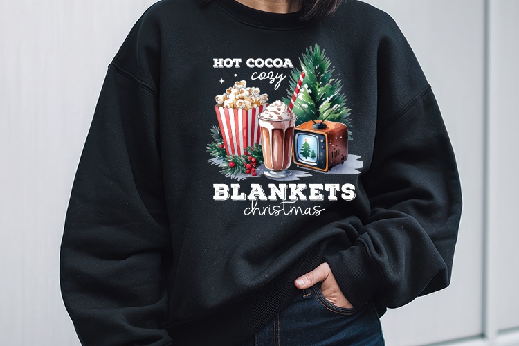 Hot Cocoa Cozy Blankets Christmas Movies, Winter Sublimation Black Sweatshirt Mockup Image.jpg