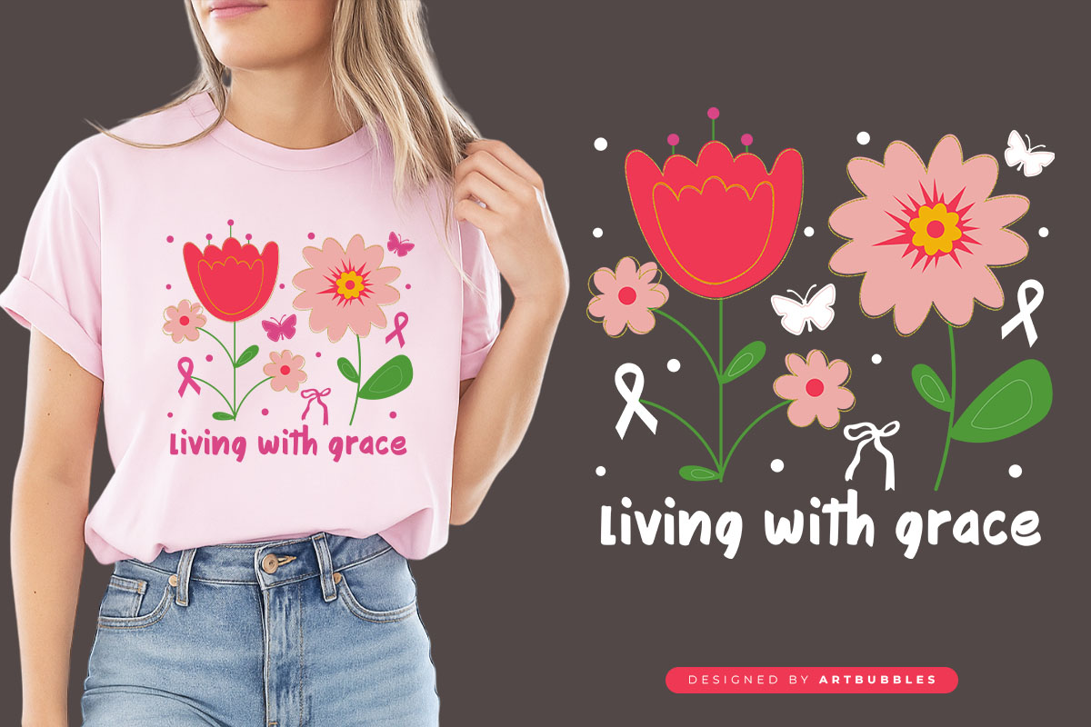 Living with Grace - Floral Breast Cancer Sublimation Tshirt Mockup Image.jpg