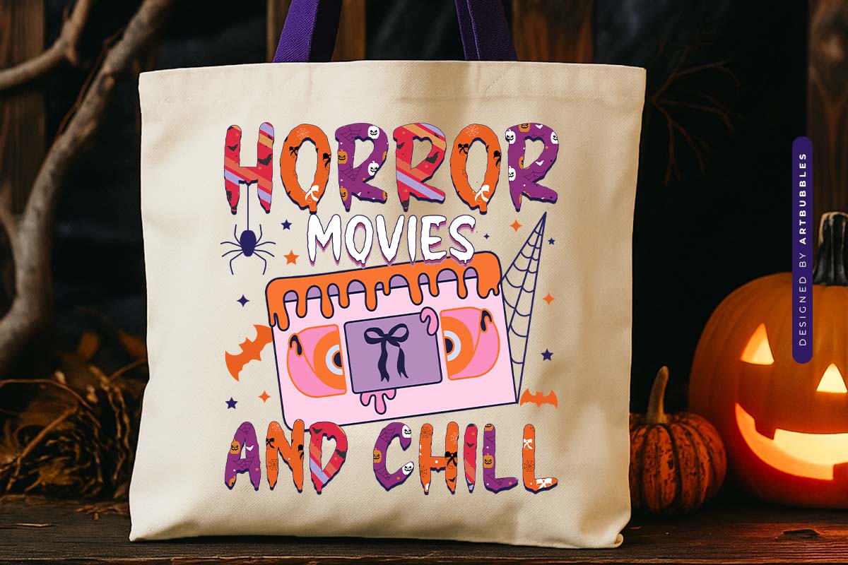 Horror Movies and Chill - Halloween Sublimation PNG Tote bag Mockup image.jpg