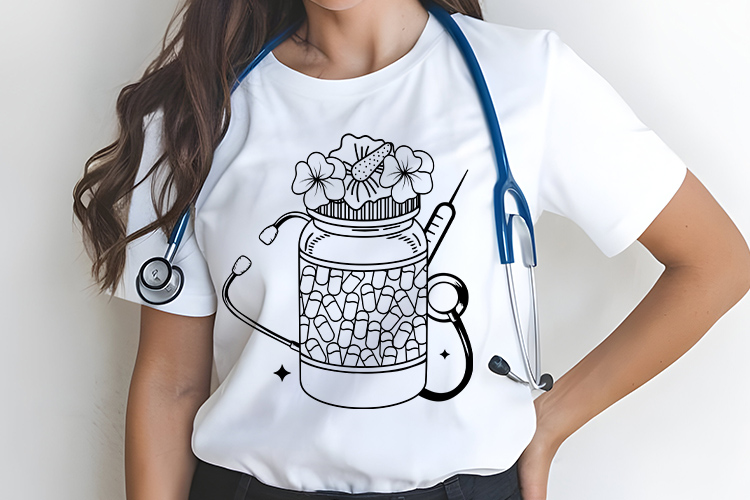 Elegant Floral Pill Jar with Stethoscope & Syringe Clipart Tshirt Mockup Image.jpg