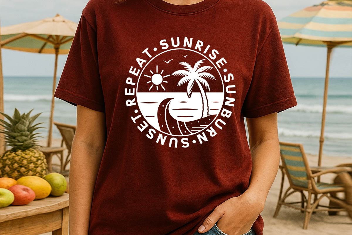 Sunrise Sunburn Sunset Repeat - Summer SVG T-shirt Mockup Image.jpg