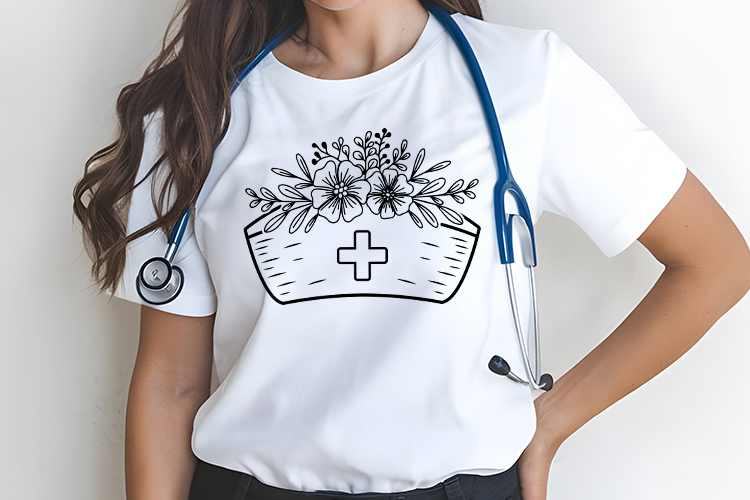 Outline Floral Medical Nurse Hat Clip Art SVG Tshirt Mockup Image.jpg