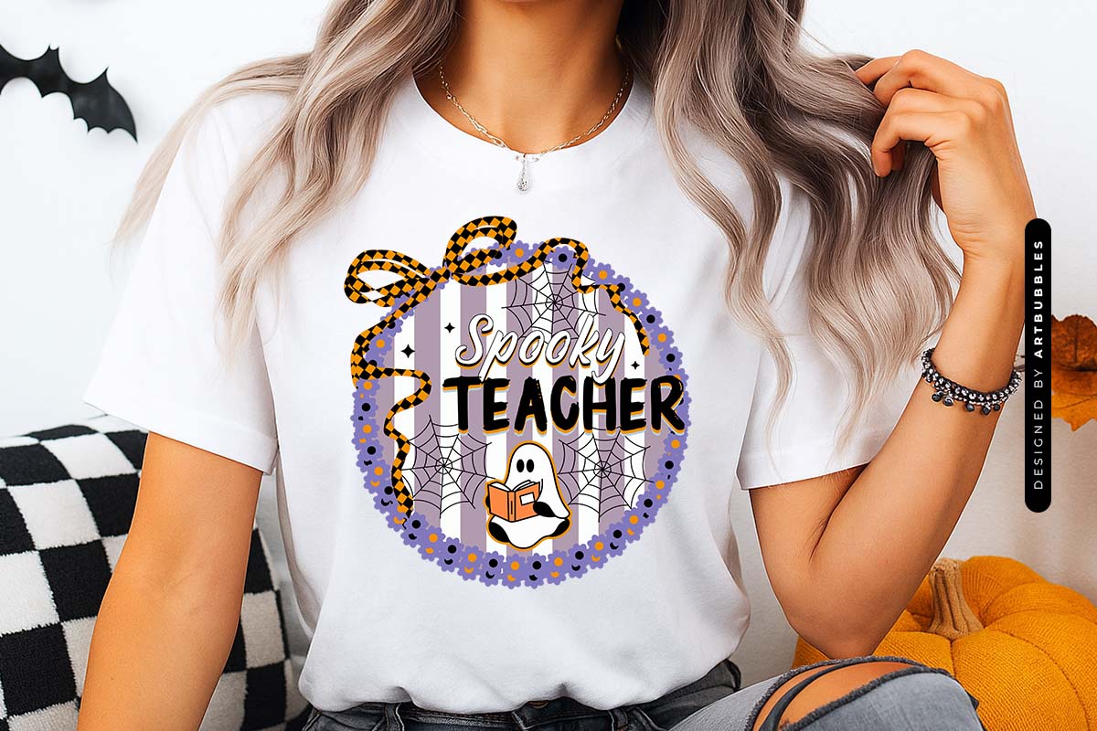 Spooky Teacher - Halloween Coquette Bow Sublimation Shirt Mockup Image.jpg