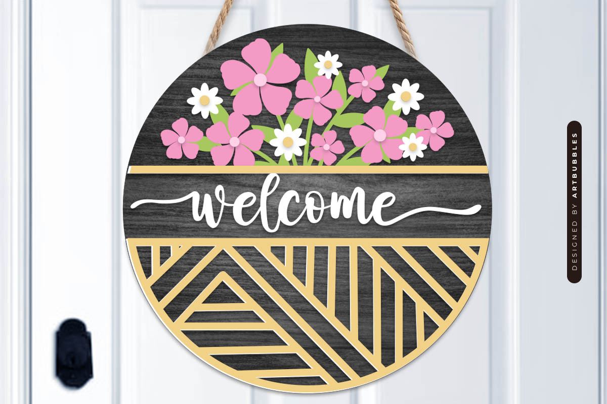 Laser Cut Floral Welcome Door Sign SVG