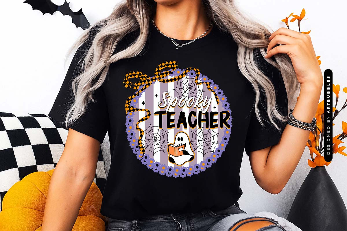 Spooky Teacher - Halloween Coquette Bow Sublimation T-shirt Mockup Image.jpg