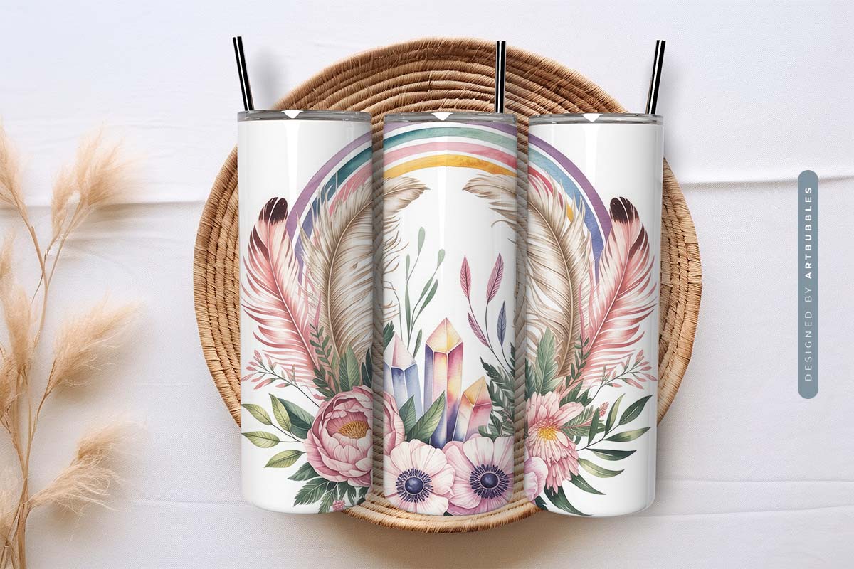 Boho Floral Feather Tumbler Wrap Sublimation Image.jpg
