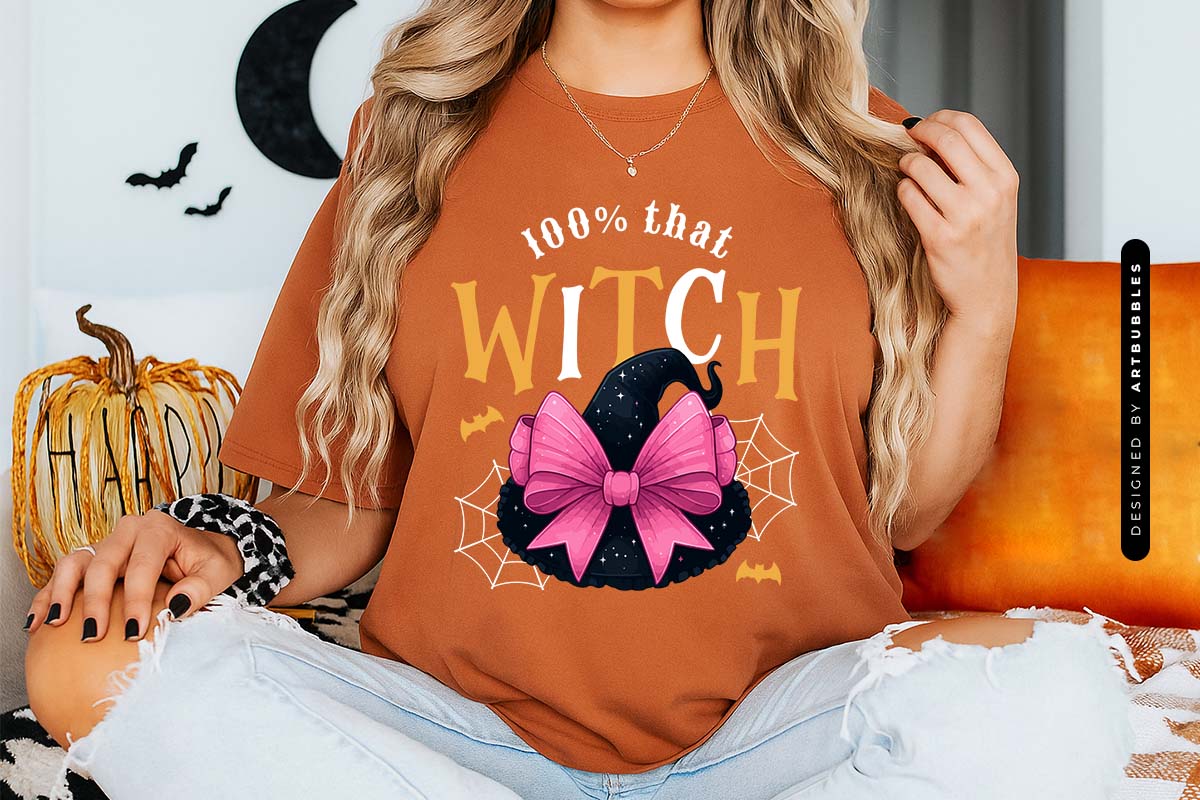 100% That Witch - Coquette Halloween Sublimation Tshirt Mockup Image.jpg