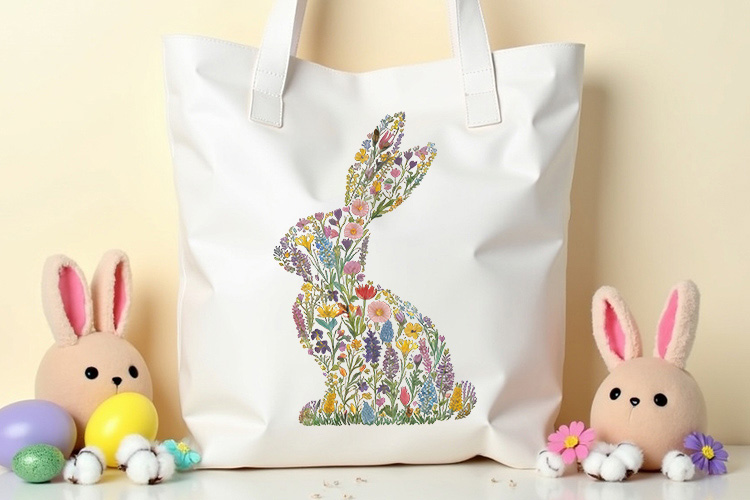 Easter Floral Bunny Sublimation Clipart PNG Tote Bag Mockup Image.jpg