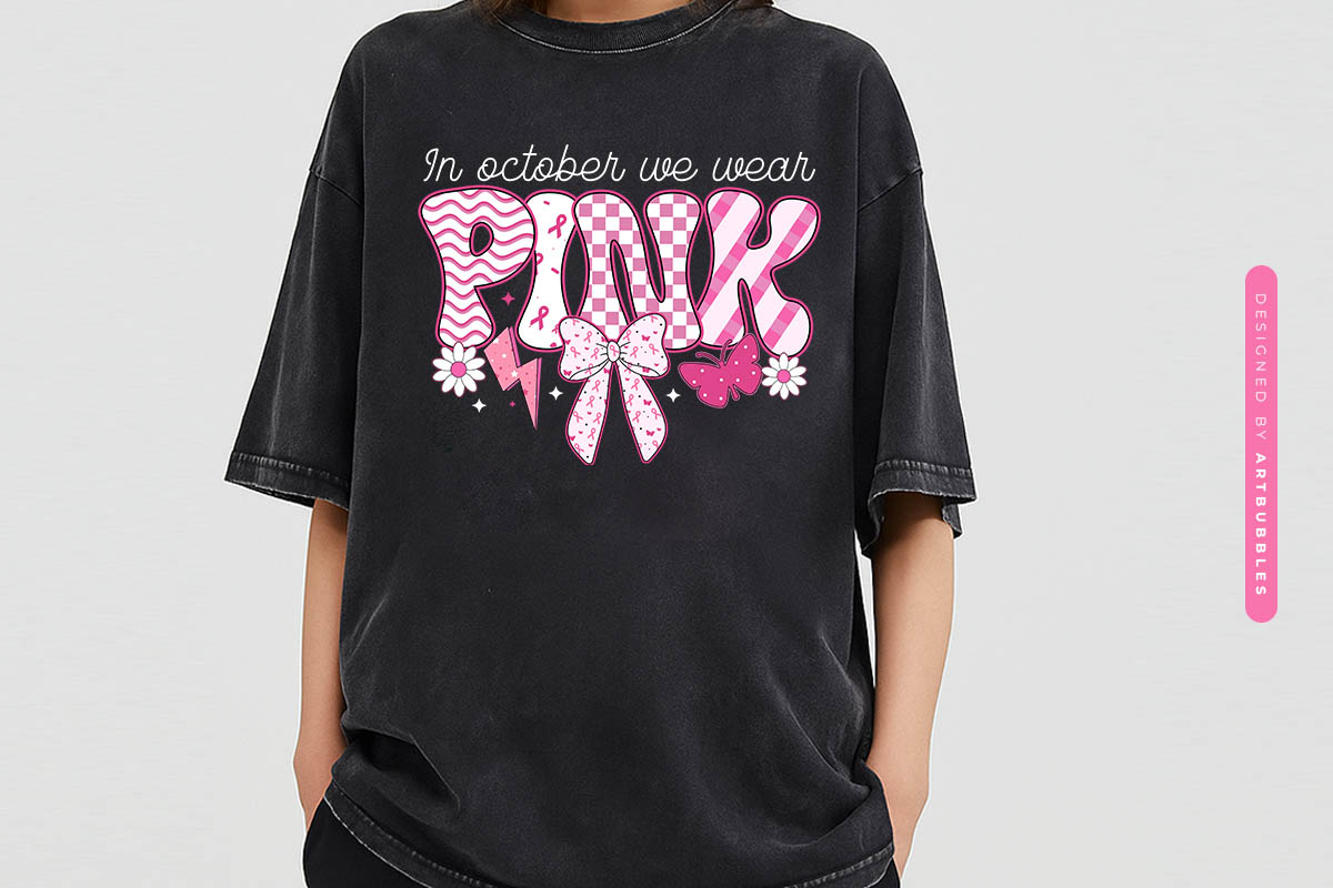 In October We Wear Pink - Coquette Breast Cancer Sublimation Tshirt Mockup Image.jpg