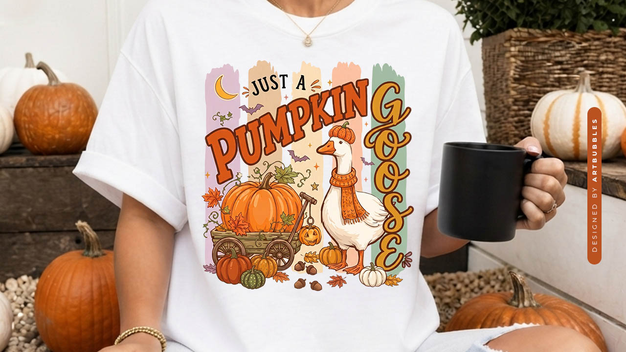 Just a Pumpkin Goose - Striped Fall Sublimation PNG Shirt Mockup Image.jpg