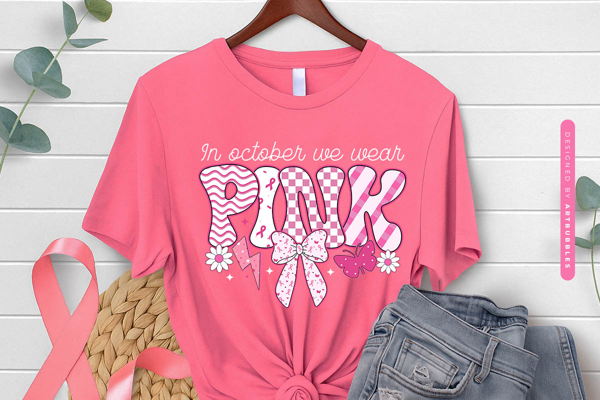 In October We Wear Pink - Coquette Breast Cancer Sublimation Shirt Mockup Image.jpg