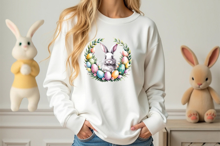 Festive Easter Bunny Floral Wreath Clipart PNG Sweatshirt Mockup Image.jpg