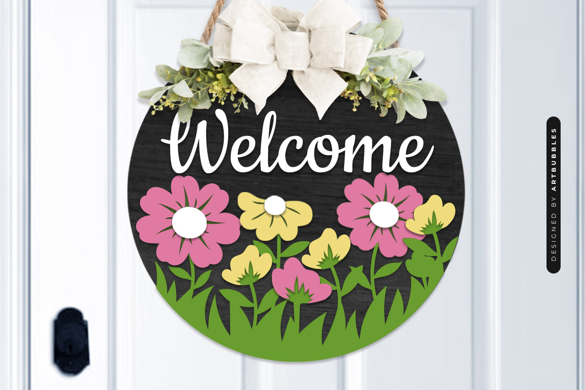 Laser Cut Welcome Floral Door Sign SVG