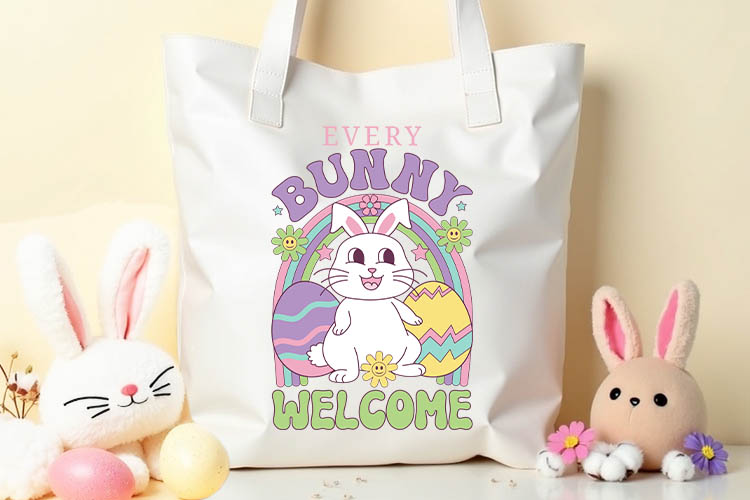 Every Bunny Welcome - Retro Easter Sublimation PNG Tote Mockup Image.jpg