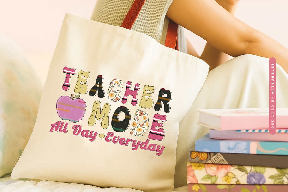 Teacher Mode All Day Everyday Retro PNG Sublimation Tote bag Mockup Image.jpg