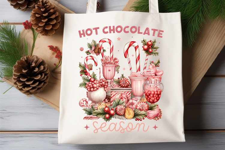 Hot Chocolate Season - Pink Christmas PNG Sublimation Tote Bag Mockup Image.jpg