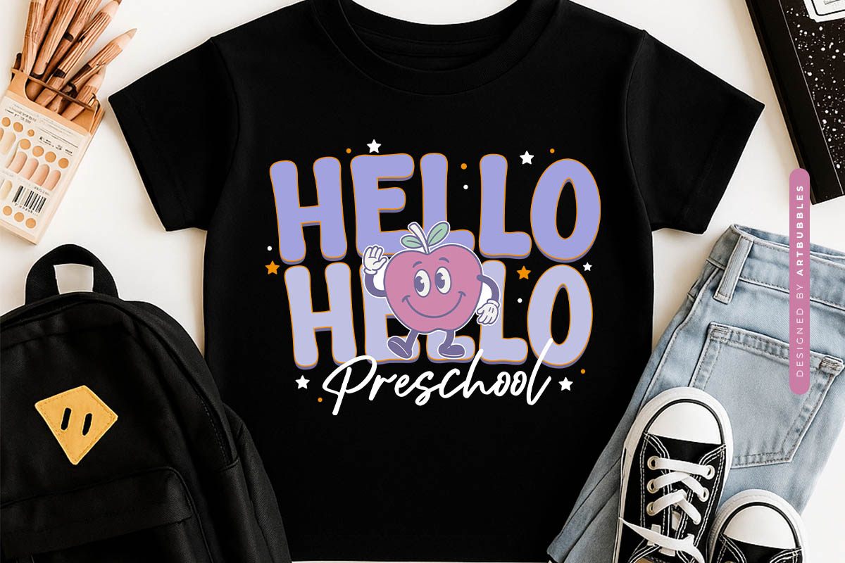 Hello Preschool - Retro Back to School Sublimation PNG Tshirt Mockup Image.jpg
