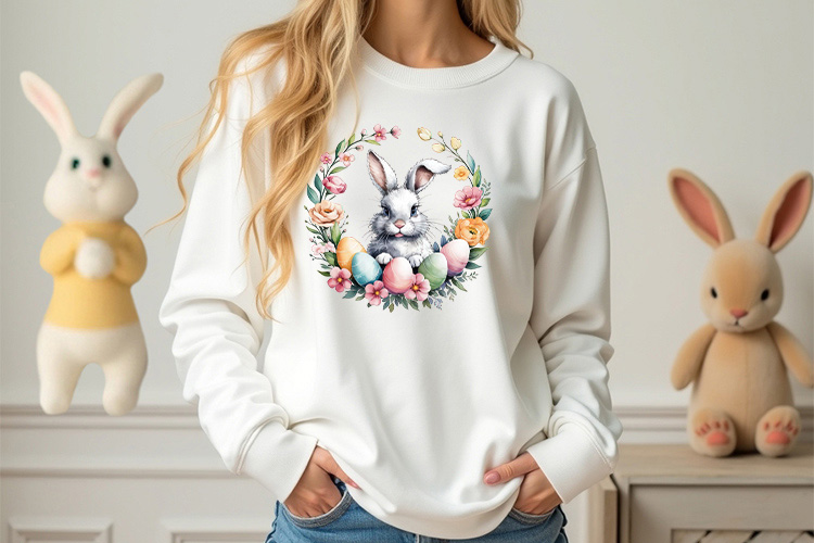 Easter Bunny Eggs and Floral Wreath Clipart Sweatshirt Mockup Image.jpg