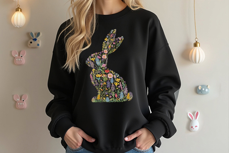 Easter Floral Bunny Sublimation Clipart PNG Black Sweatshirt Mockup Image.jpg