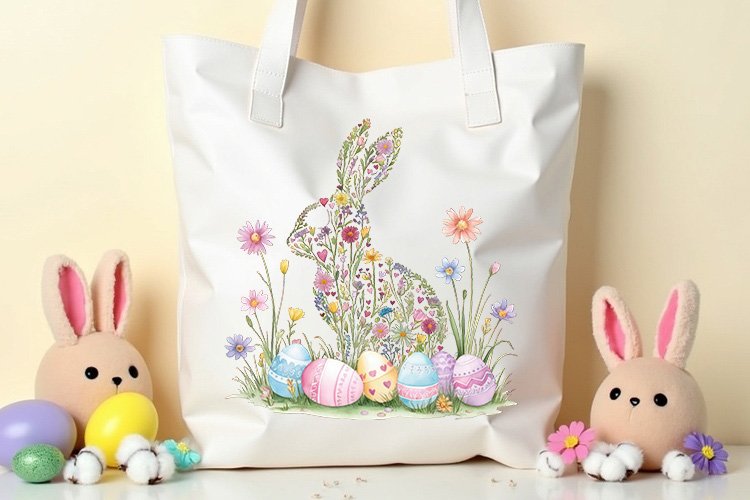 Floral Easter Bunny with Egg PNG Clipart Tote Bag Mockup Image.jpg