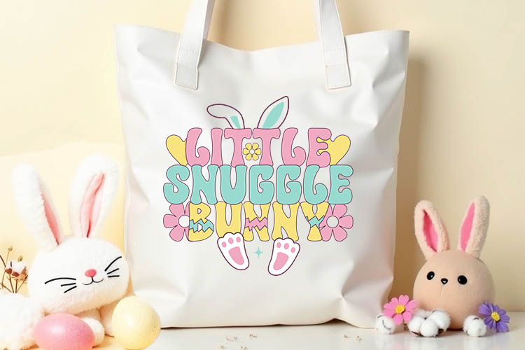 Little Snuggle Bunny - Retro Easter PNG Sublimation Tote Mockup Image.jpg