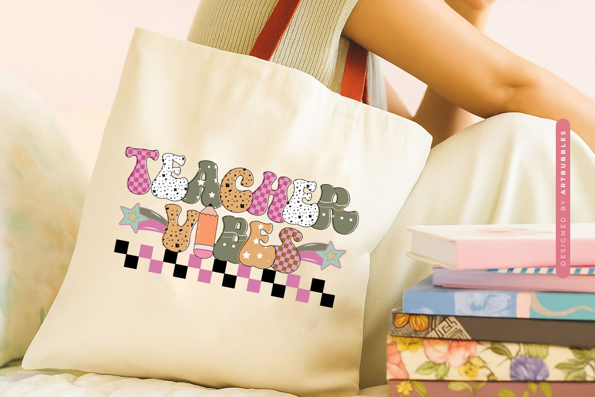 Teacher Vibes Retro Sublimation Design Tote bag Mockup image.jpg