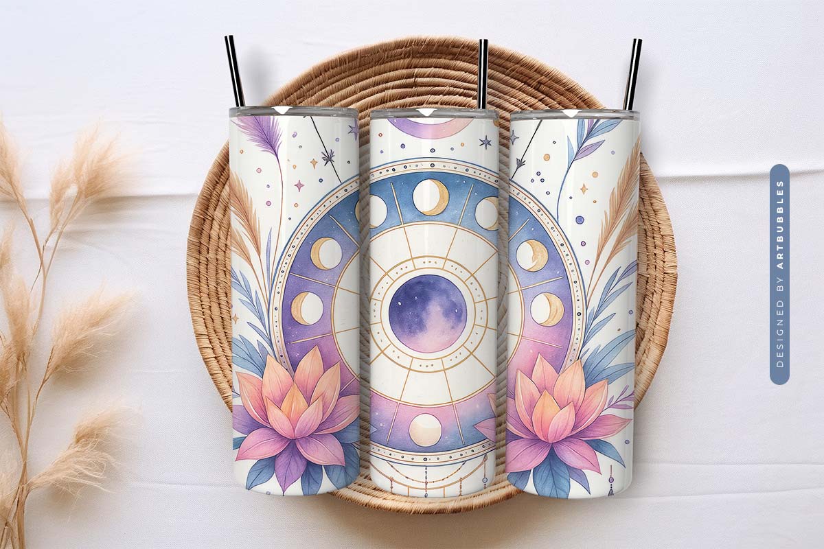 Celestial Moon Boho Floral Tumbler Sublimation Image.jpg