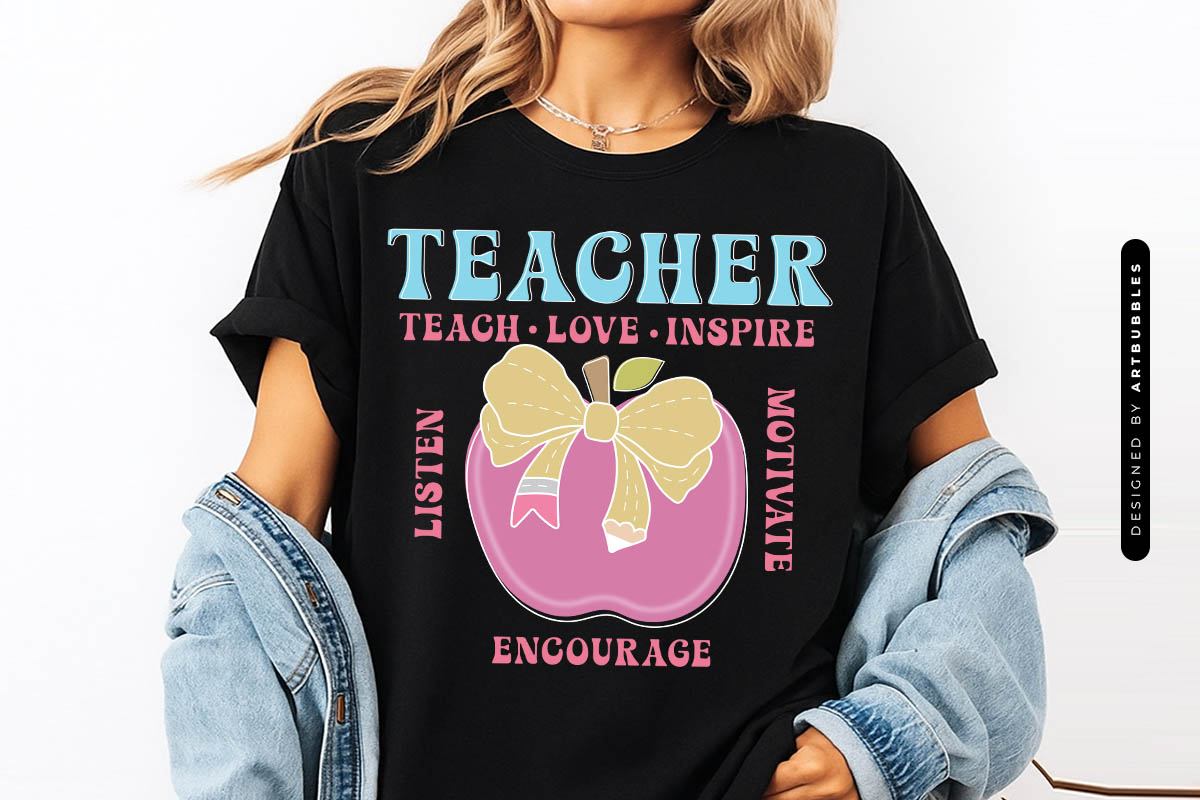 Retro Teacher Teach Love Inspire Sublimation PNG T-shirt Mockup Image.jpg